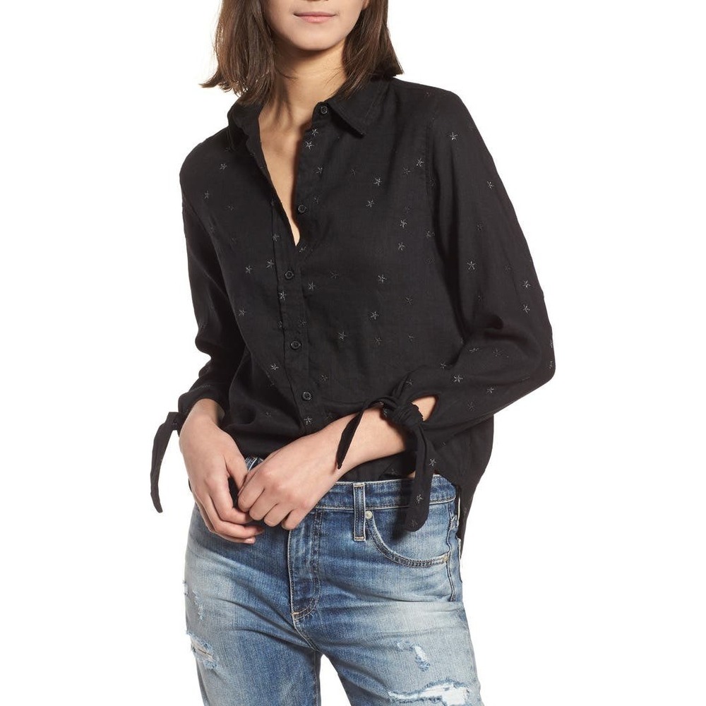 RAILS Robyn Shirt Linen Blend Black Embroidered Stars Button Up Sz XS Whimsigoth